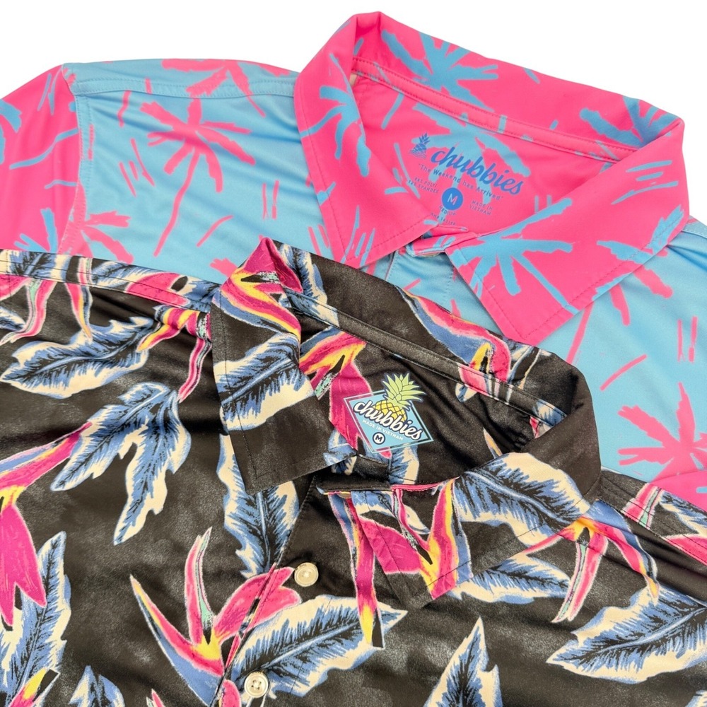 Lot of 2 Chubbies Polo Shirts Mens M Black Pink Floral Performance Stretch Flaws